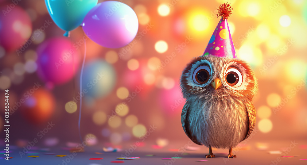 Naklejka premium 3D-rendered owl wearing a colorful party hat, standing amidst festive balloons against vibrant lights background.