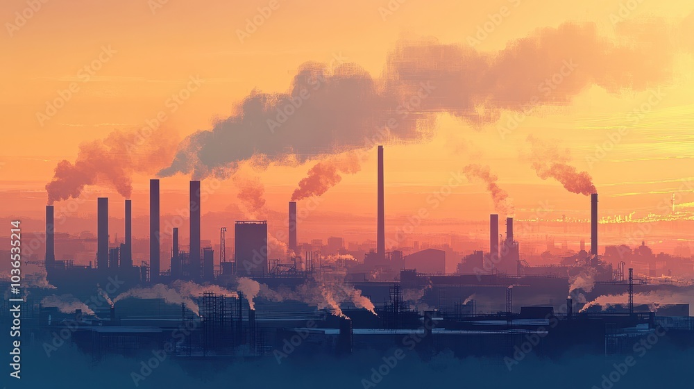 Operating factories that emit a lot of harmful smoke into the atmosphere. Air pollution in cities.The city was filled with thick smog and smoke. Global air pollution. Operating factories that emit a lot of harmful smoke into the atmosphere. Air pollution in cities.The city was filled with thick smog and smoke. Global air pollution.