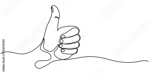 Continuous one line drawing of like hand showing thumb up. Vector illustration, One line drawing of hand showing great sign. Continuous line finger up. Hand-drawn vector illustration of linear like