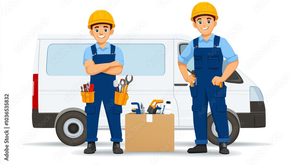 Pair of workers in blue workwear carrying tools and supplies, standing beside a service van, emphasizing professionalism in delivery services Pair of workers in blue workwear carrying tools and supplies, standing beside a service van, emphasizing professionalism in delivery services