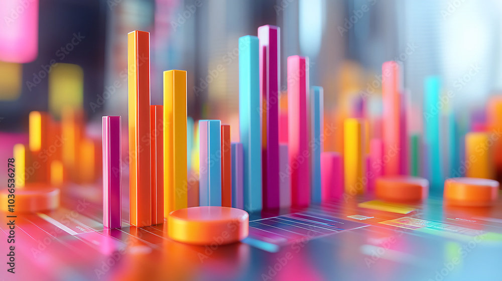 Vivid 3D rendering of bar charts and graphs in bold colors, symbolizing data analytics and business growth. Vivid 3D rendering of bar charts and graphs in bold colors, symbolizing data analytics and business growth.