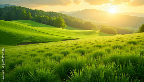 Serene meadow landscape at sunset with lush green grass and gentle hills in natural colors
