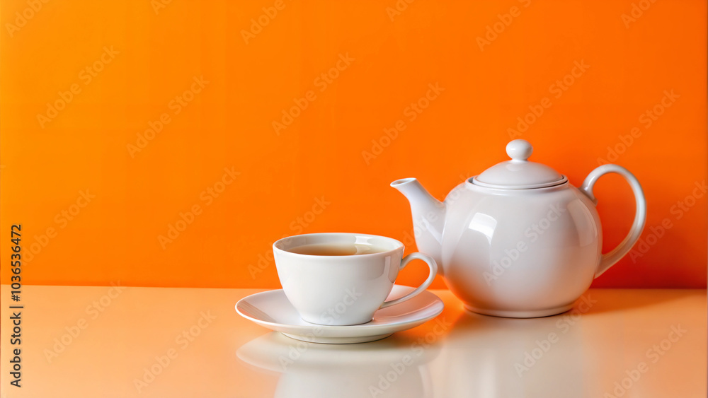 White teapot and cup against bright orange background White teapot and cup against bright orange background