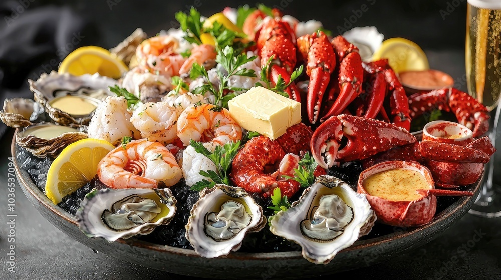 A platter of fresh seafood including oysters, shrimp, lobster, and crab, garnished with lemon and parsley. A platter of fresh seafood including oysters, shrimp, lobster, and crab, garnished with lemon and parsley.