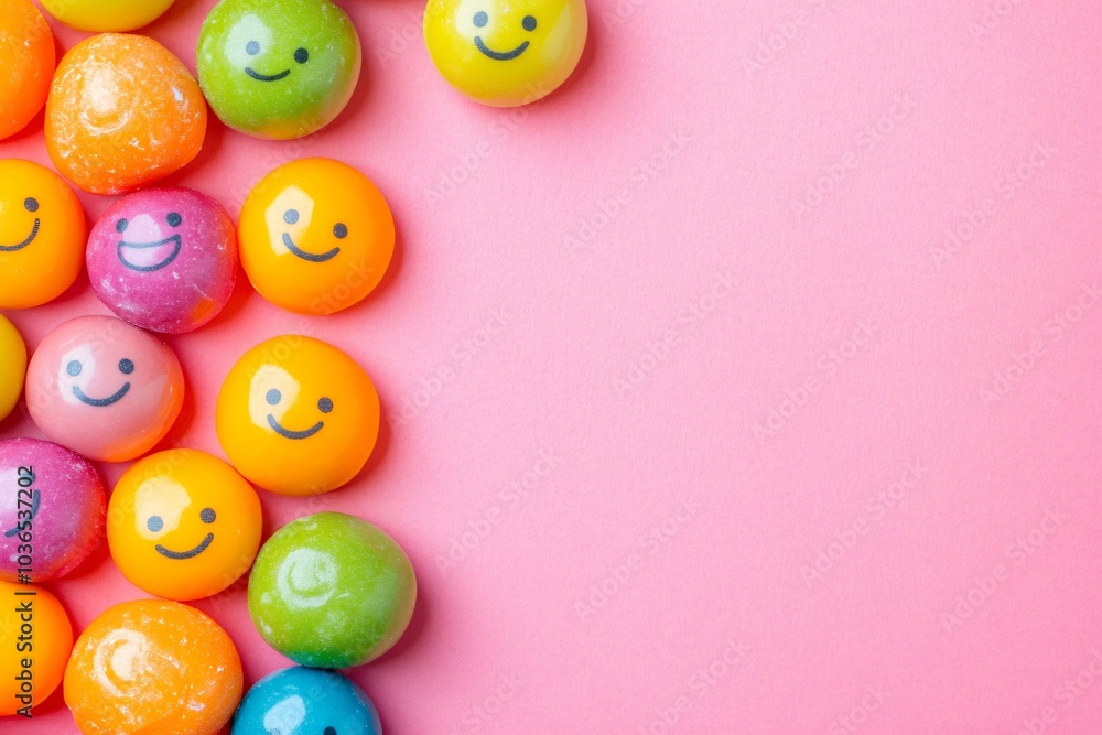 Kawaii Halloween Candies with Happy Faces on Pink Background Kawaii Halloween Candies with Happy Faces on Pink Background