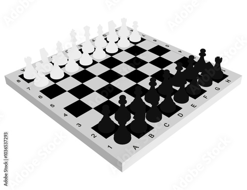 Silhouette Chess Board and pieces. Board game. A chess piece, or chessman, is any of the six different types of movable objects used on a chessboard to play the game of chess. Isometric view