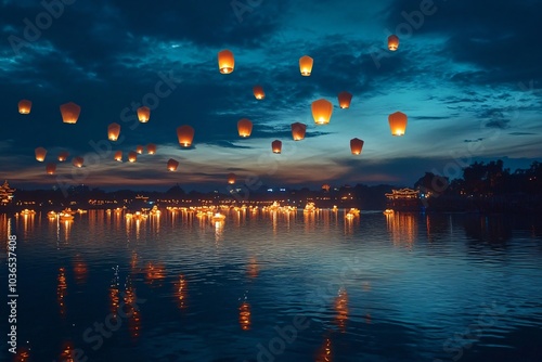 Lanterns Rising into the Night Sky in Yi Peng Festival