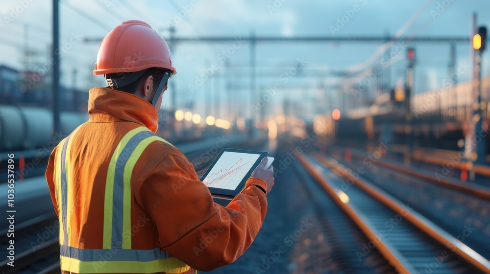 Railway engineer wearing a safety jacket and helmet, inspecting the tracks while holding a tablet at a rail yard Railway engineer wearing a safety jacket and helmet, inspecting the tracks while holding a tablet at a rail yard