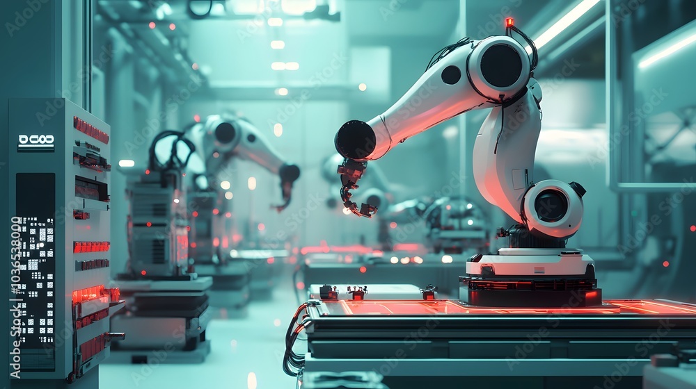 Fototapeta premium Robotic vision sensor camera system in intellegence factory,manufacturing industry for industry 4.0 and technology concept.