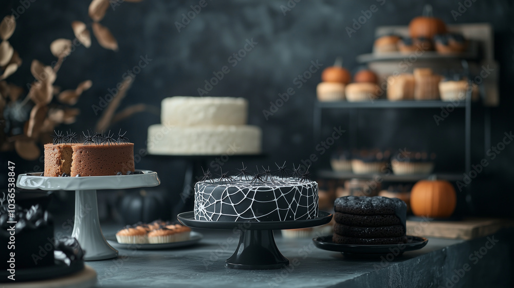 A spooky display of Halloween cakes decorated with intricate web designs and edible spiders, set against a dark backdrop to enhance the eerie atmosphere perfect for the festive sea A spooky display of Halloween cakes decorated with intricate web designs and edible spiders, set against a dark backdrop to enhance the eerie atmosphere perfect for the festive sea