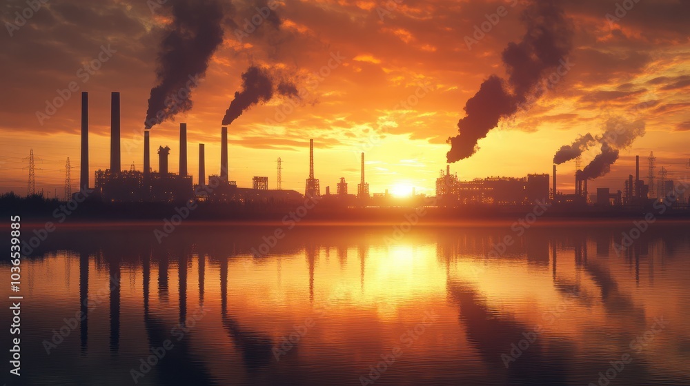 Obraz premium Silhouette of an industrial complex with smoke stacks spewing pollution into the sky at sunset. The reflection of the factory is visible in the water in front.