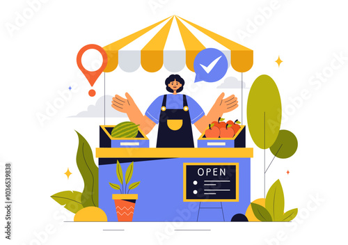 Small Business Vector Illustration Featuring Independent Ventures from Various Sectors Including Thriving Online Store and Food Trucks in a Background
