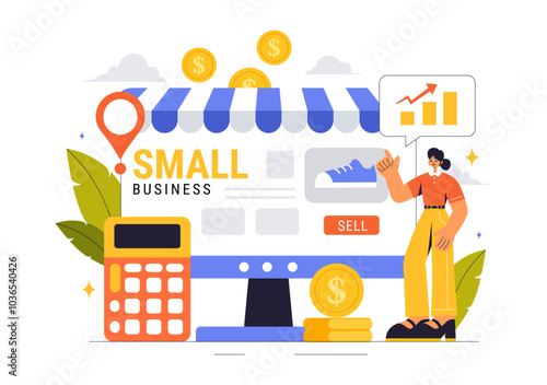Small Business Vector Illustration Featuring Independent Ventures from Various Sectors Including Thriving Online Store and Food Trucks in a Background