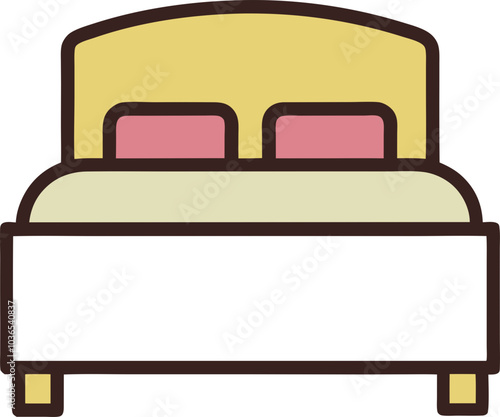 Bed icon with a light green frame and pink bedding in a simple flat design, 간단한 플랫 디자인의 연녹색 프레임과 분홍색 침구로 표현된 침대 아이콘