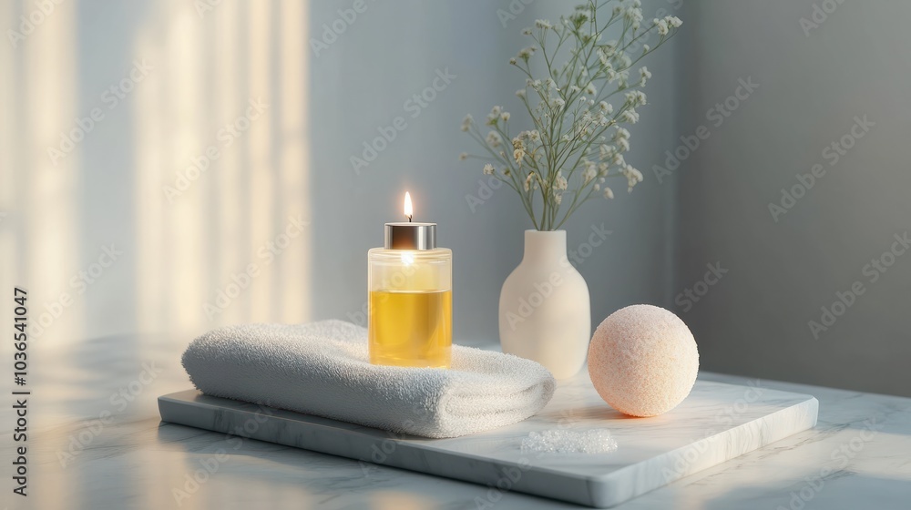 Spa treatment setup with massage oil candle, salt scrub, and bath bombs on a marble tray. Spa treatment setup with massage oil candle, salt scrub, and bath bombs on a marble tray.