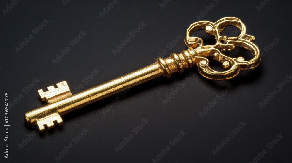 Detailed view of an antique gold key set against a dark surface, evoking themes of mystery, history, and security. Detailed view of an antique gold key set against a dark surface, evoking themes of mystery, history, and security.
