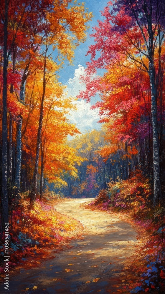 Obraz premium Autumn Forest Path Painting - Vibrant Colors and Sunlight