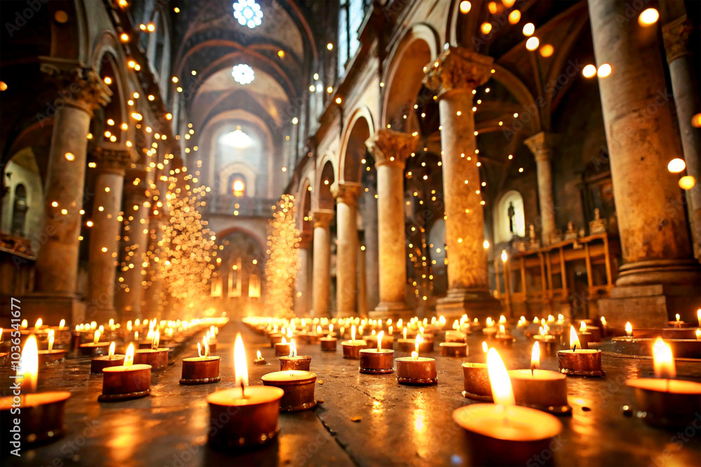 A dimly lit nave, where flickering candles illuminate the dust motes dancing in the air. A dimly lit nave, where flickering candles illuminate the dust motes dancing in the air.