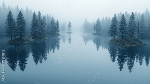 Tranquil morning mist envelops a calm lake surrounded by evergreen trees in a serene forest setting