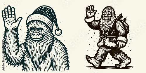 Bigfoot in Santa Claus Costume Waving Cheerfully