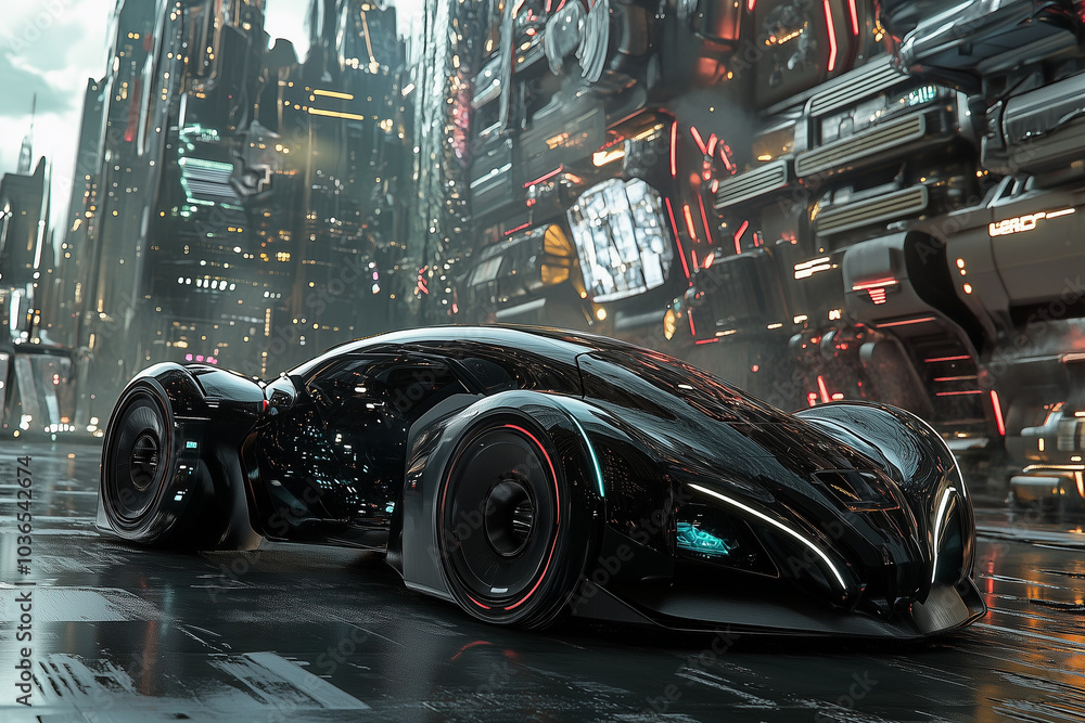 Obraz premium A sleek modern electric car driving through a futuristic city with towering buildings and advanced infrastructure, with copy space. Neon lights and high-tech ambiance. 