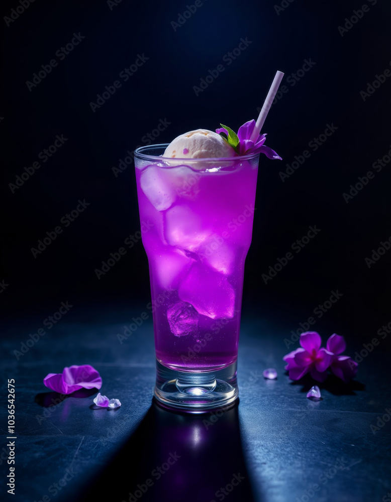 Purple cocktail with ice cream on a black background, illuminated by hard spotlight light Purple cocktail with ice cream on a black background, illuminated by hard spotlight light