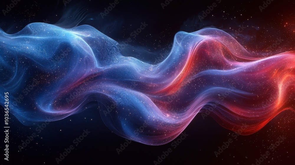 Ethereal wisps of blue and red light swirl gracefully against a dark background, creating a mesmerizing cosmic display at night Ethereal wisps of blue and red light swirl gracefully against a dark background, creating a mesmerizing cosmic display at night