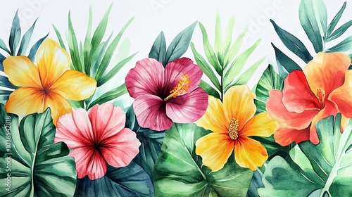 Watercolor Tropical Spring Floral Design Featuring Green Leaves and Vibrant Flowers Ideal for Bouquets or Wedding Invitations