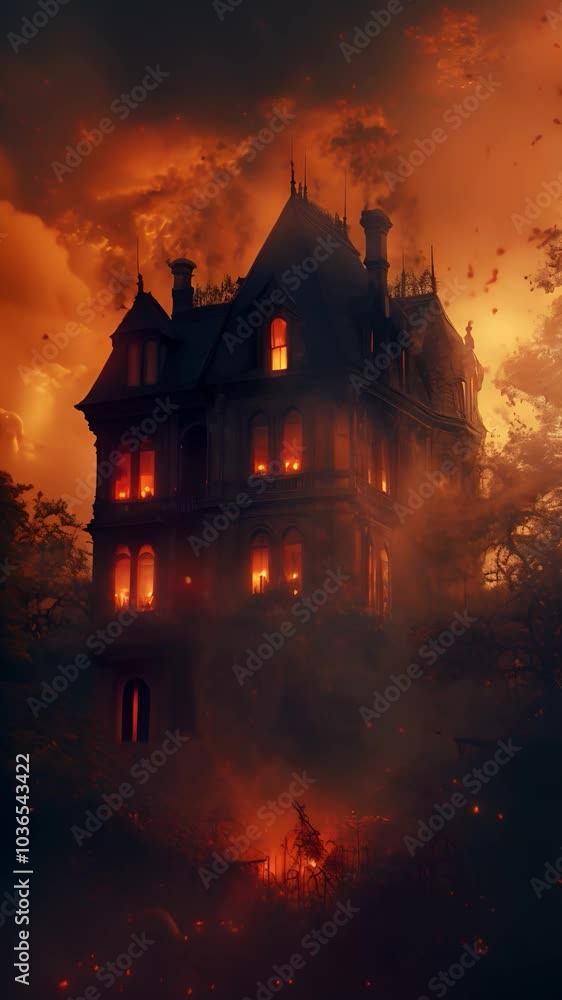 A decaying Victorian mansion atop a foggy hill, with flickering candlelit windows and flying ravens against a dark orange sunset, creating an eerie Halloween atmosphere. A decaying Victorian mansion atop a foggy hill, with flickering candlelit windows and flying ravens against a dark orange sunset, creating an eerie Halloween atmosphere.