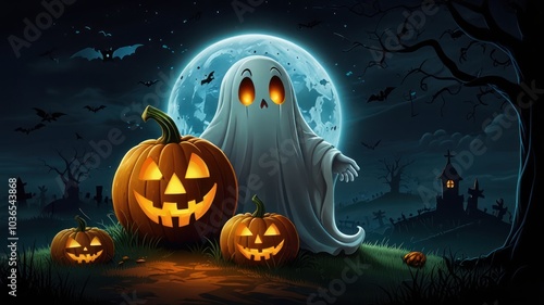 A friendly ghost stands beside three jack-o'-lanterns on a spooky Halloween night, with bats flying and a full moon in the background.