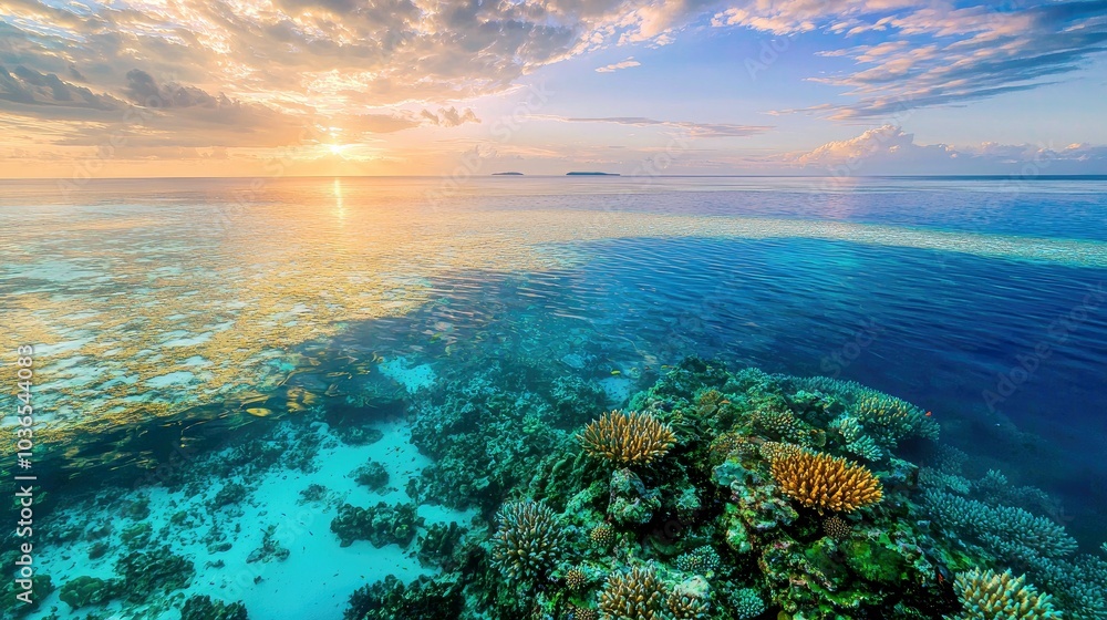 Obraz premium A scenic view of a coral reef with a breathtaking sunset in the background.