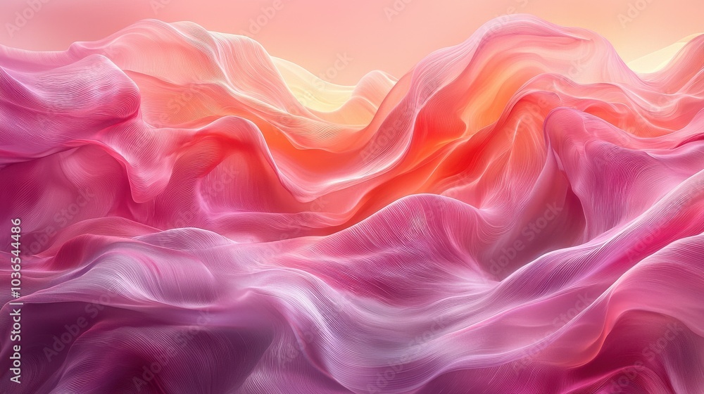 Abstract landscape of soft pink and orange waves at sunset, reflecting an ethereal and dreamy atmosphere Abstract landscape of soft pink and orange waves at sunset, reflecting an ethereal and dreamy atmosphere