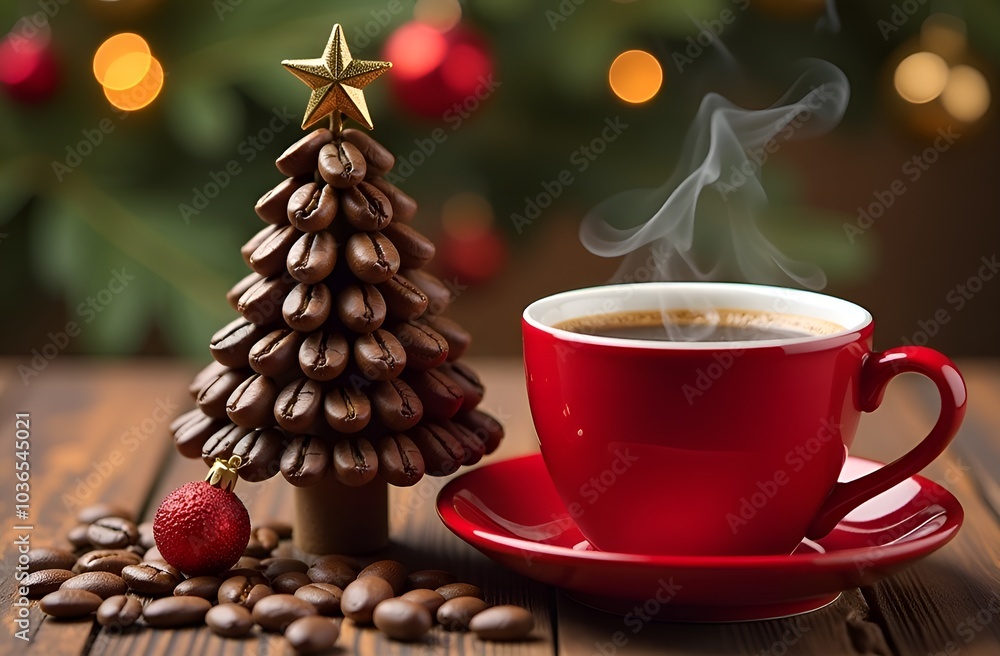 Christmas tree from coffee bean, cup of coffee, Christmas mood in cafe Christmas tree from coffee bean, cup of coffee, Christmas mood in cafe