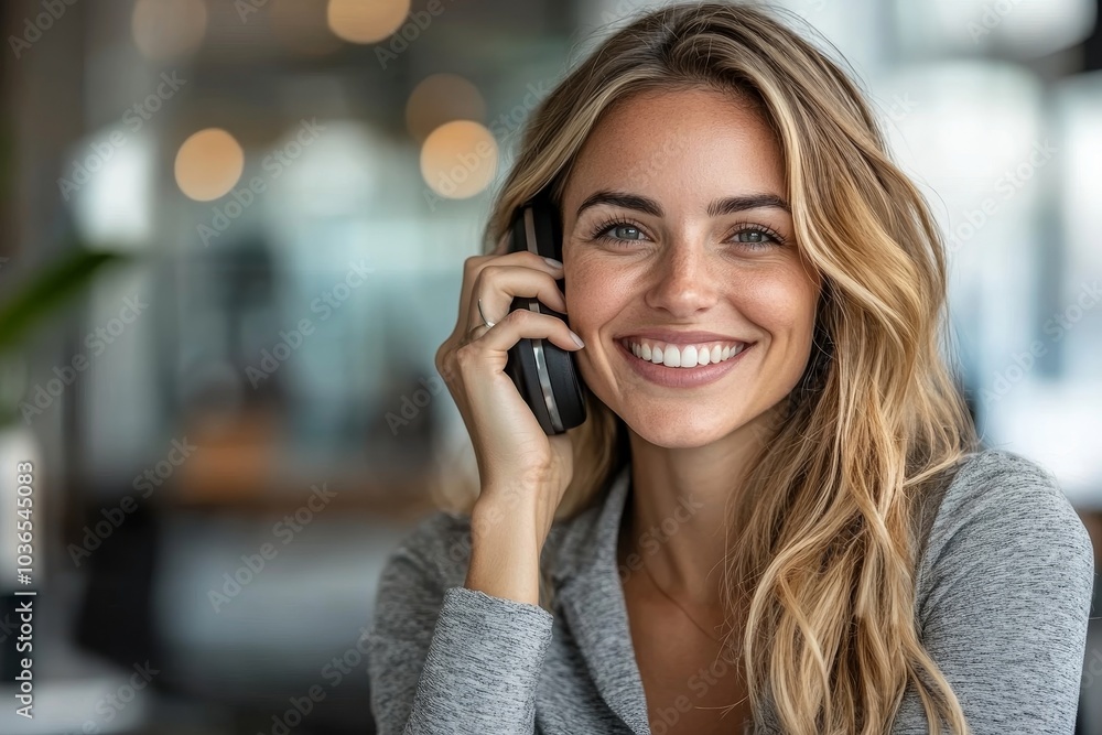 Smiling businesswoman using phone in office, Generative AI Smiling businesswoman using phone in office, Generative AI