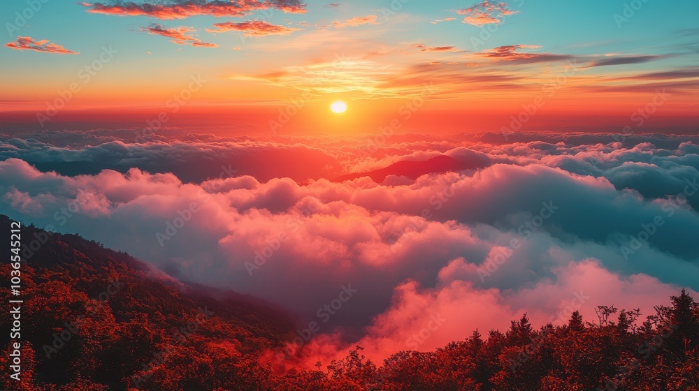 Stunning sunset over rolling clouds viewed from a mountain peak during the golden hour in a tranquil landscape Stunning sunset over rolling clouds viewed from a mountain peak during the golden hour in a tranquil landscape