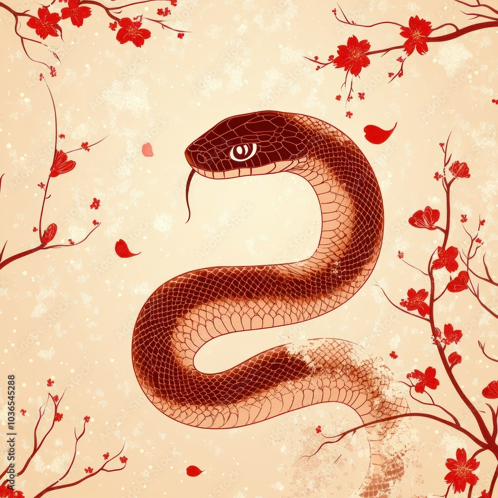 Red Snake Curled Among Cherry Blossom Branches Red Snake Curled Among Cherry Blossom Branches