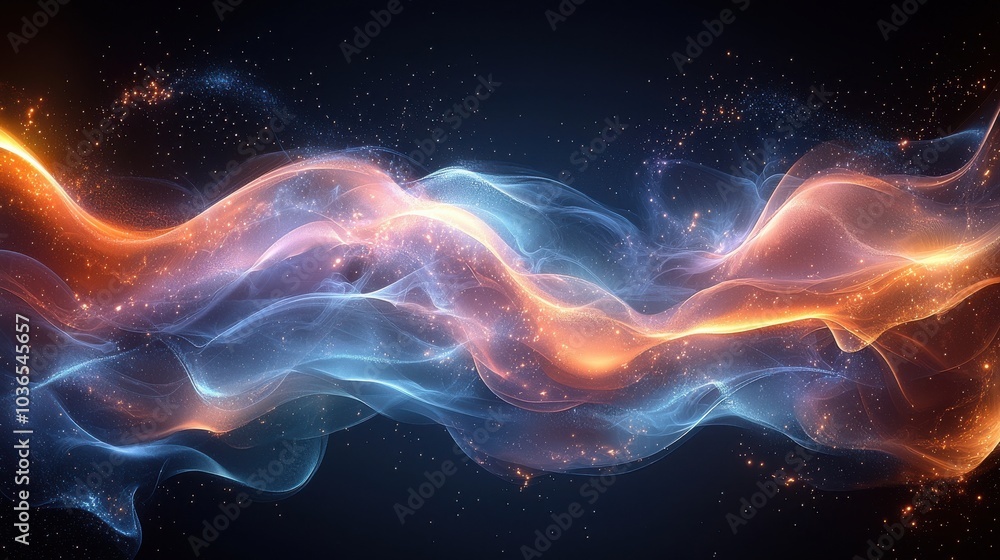 Colorful abstract wave patterns intertwine with light and stars in a cosmic display of fluid motion during a digital creation Colorful abstract wave patterns intertwine with light and stars in a cosmic display of fluid motion during a digital creation