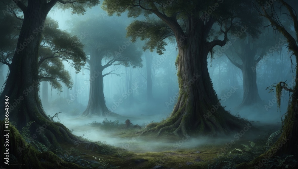 Fototapeta premium Mysterious Foggy Forest Landscape at Dawn with Gnarled Trees