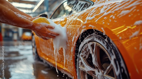 A hand washes an orange car with soap. The image is perfect for car wash, detailing, or cleaning services.