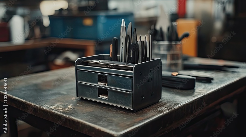Metal Tool Organizer with Assorted Tools on a Workbench Metal Tool Organizer with Assorted Tools on a Workbench