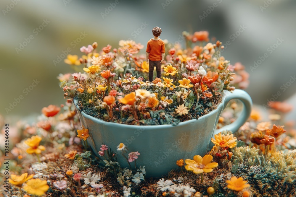 Miniature person stands in a teacup garden. This image represents the beauty of small things and the wonder of nature. Miniature person stands in a teacup garden. This image represents the beauty of small things and the wonder of nature.