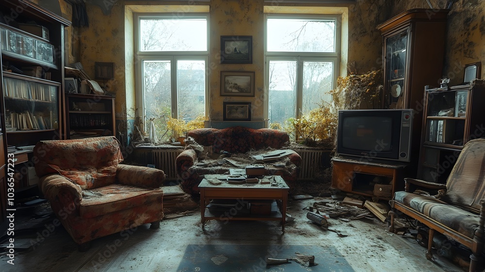 Fototapeta premium Cozy Vintage Interior Filled with Forgotten Remnants of the Past