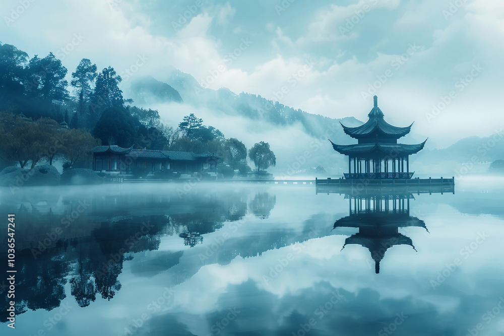 Obraz premium calm lake reflecting an ancient pavilion and tall trees standing beside it