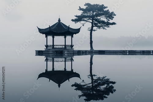 calm lake reflecting an ancient pavilion and tall trees standing beside it
