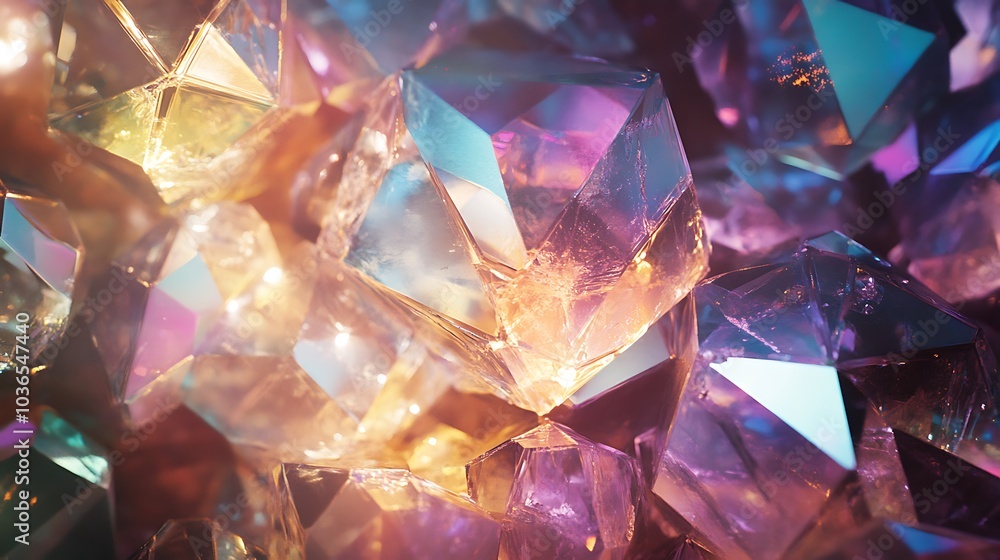 Iridescent crystal shapes creating a geometric design with soft diffused lighting Iridescent crystal shapes creating a geometric design with soft diffused lighting