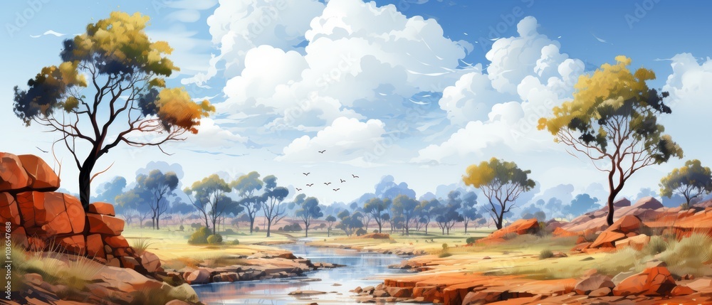 Vibrant Australian Landscape in Watercolor Style Vibrant Australian Landscape in Watercolor Style