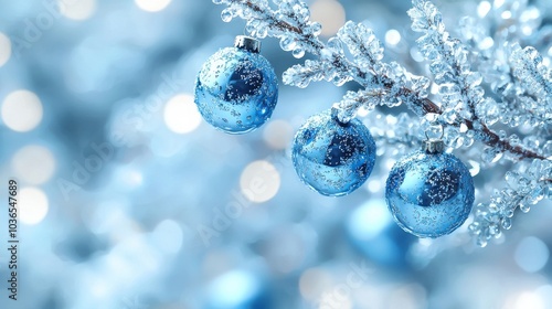 Blue Christmas ornaments hanging from snow-dusted branches with shimmering lights in the background during winter holiday festivities