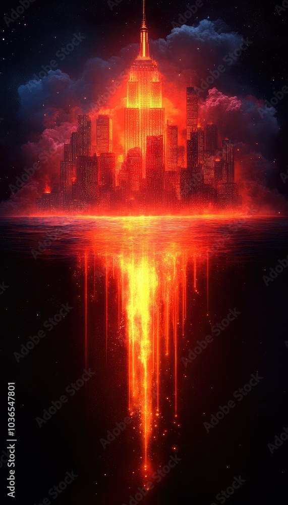 Burning city skyline reflected in water. A dramatic and fiery image suitable for apocalyptic, urban, and dystopian themes. Burning city skyline reflected in water. A dramatic and fiery image suitable for apocalyptic, urban, and dystopian themes.