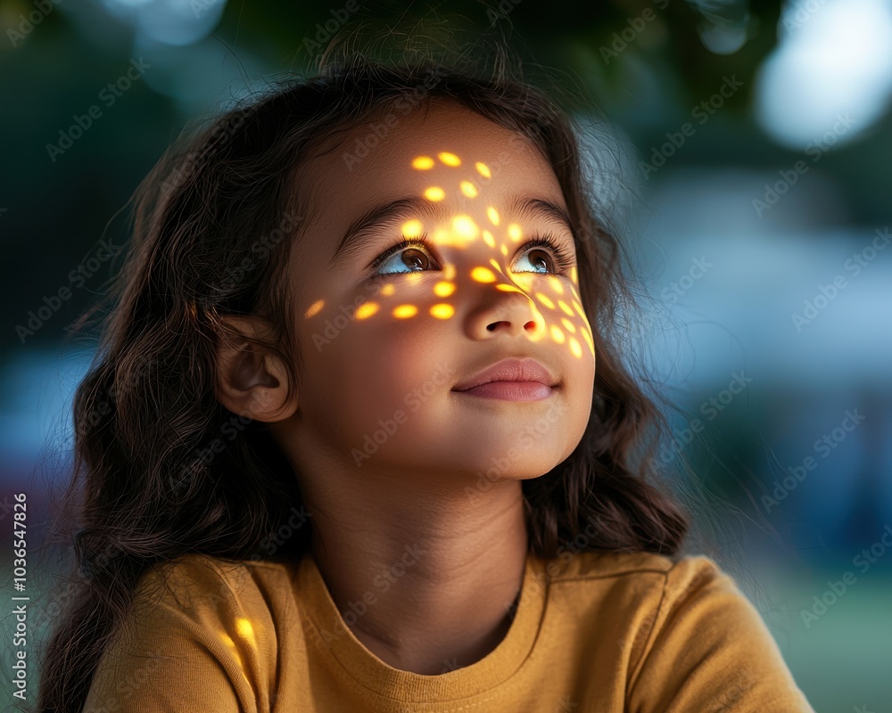 Child with sunlight patterns on face, looking up in a contemplative moment. Child with sunlight patterns on face, looking up in a contemplative moment.