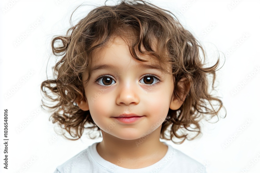 Portrait of a Young Child with Curly Hair and Bright Eyes Against a White Background, Capturing Innocence and Joy in a Studio Setting Portrait of a Young Child with Curly Hair and Bright Eyes Against a White Background, Capturing Innocence and Joy in a Studio Setting